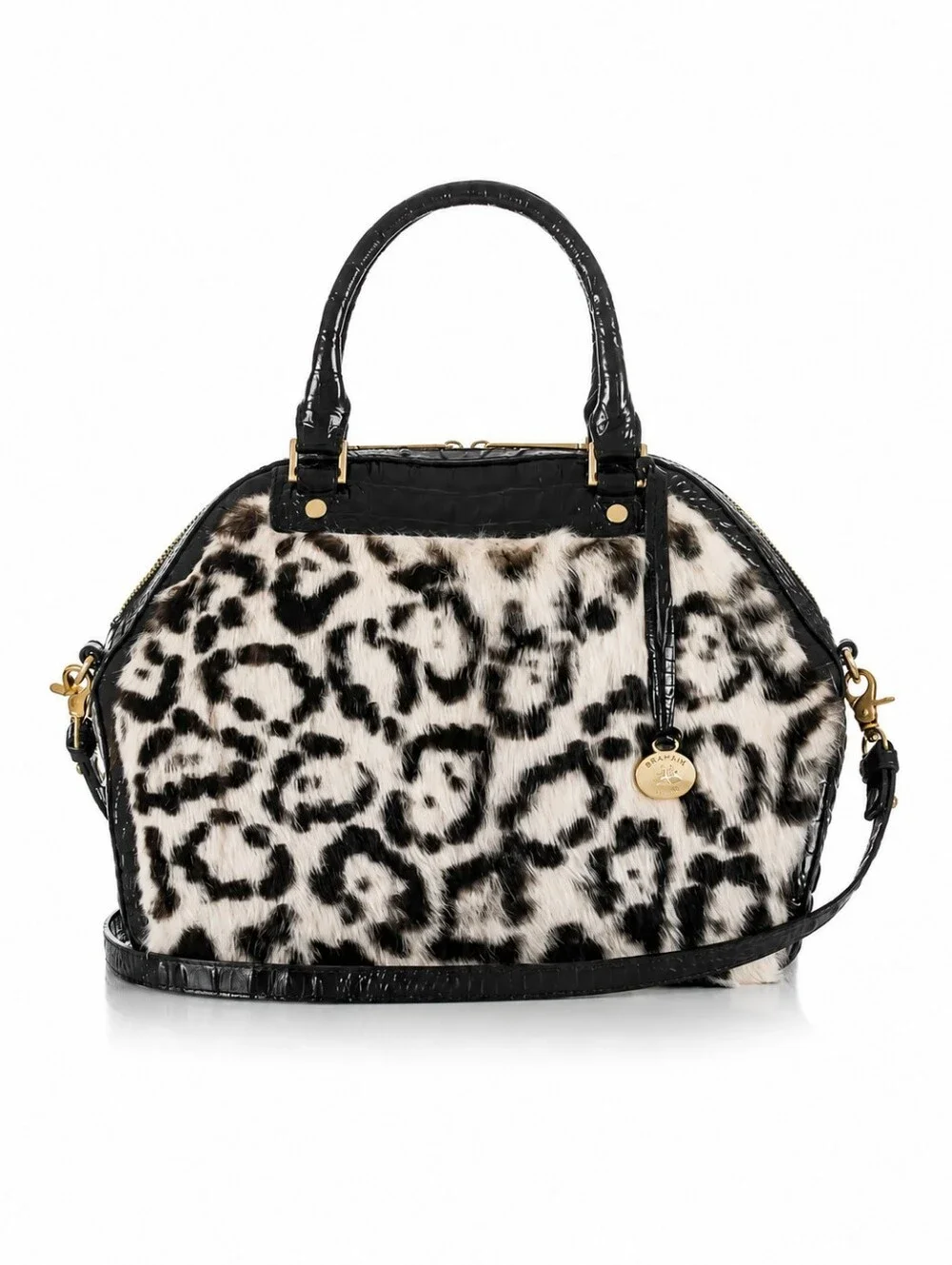 🆕️ Brahmin Hudson Leather Top Handle Satchel in Creme Muse Leopard Rabbit Fur